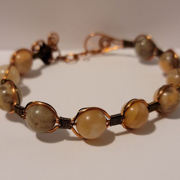 Handmade Copper Wire Wrapped Sunstone Bead Bracelet – Boho Gemstone Jewelry - Picture 3 of 3